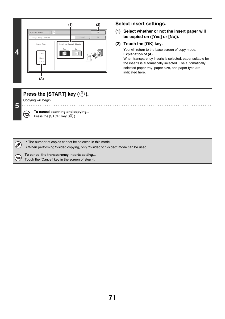 Select insert settings, Press the [start] key ( ) | Sharp MX-M850 User Manual | Page 167 / 655