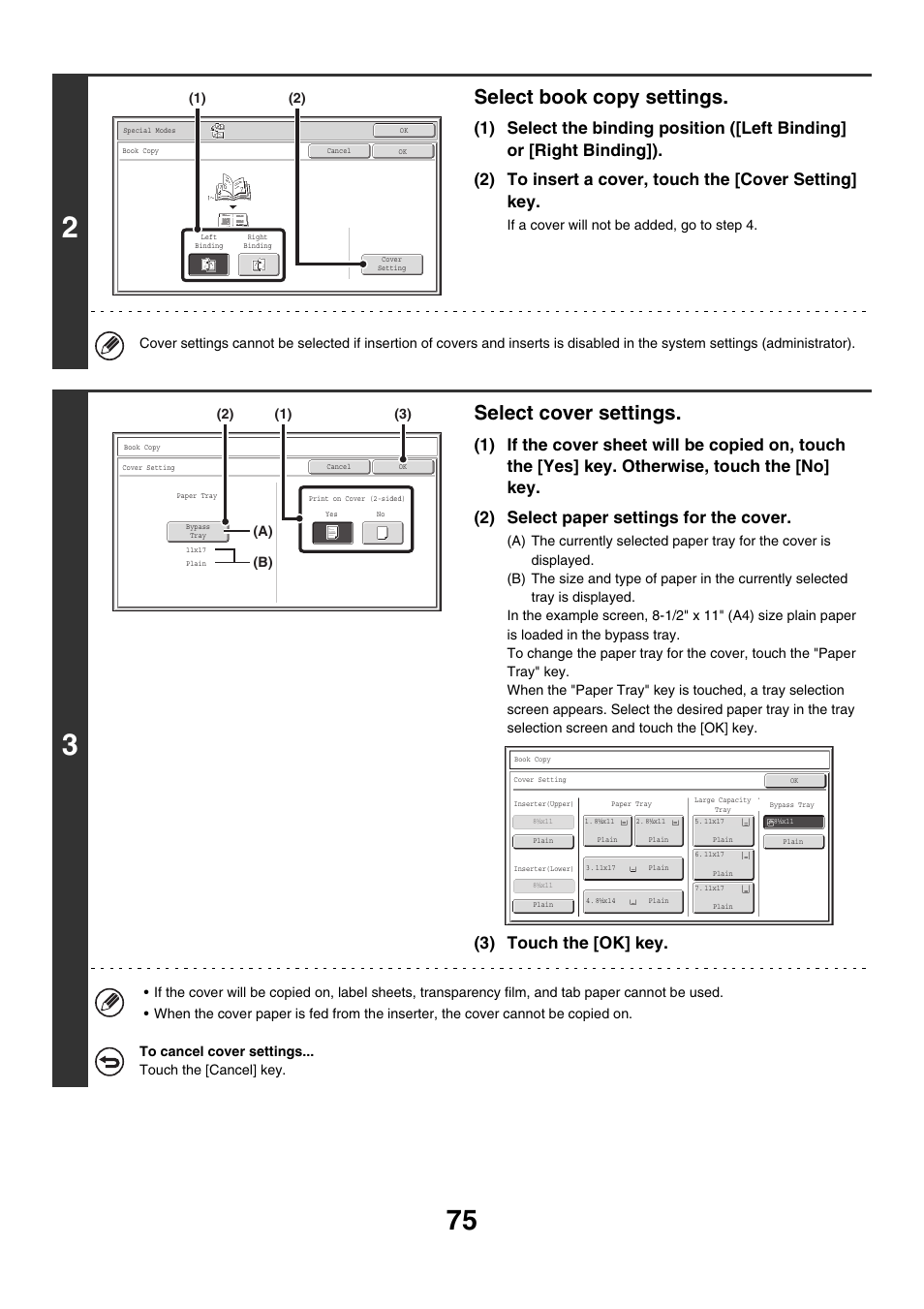 Select book copy settings, Select cover settings, 3) touch the [ok] key | Sharp MX-M850 User Manual | Page 171 / 655