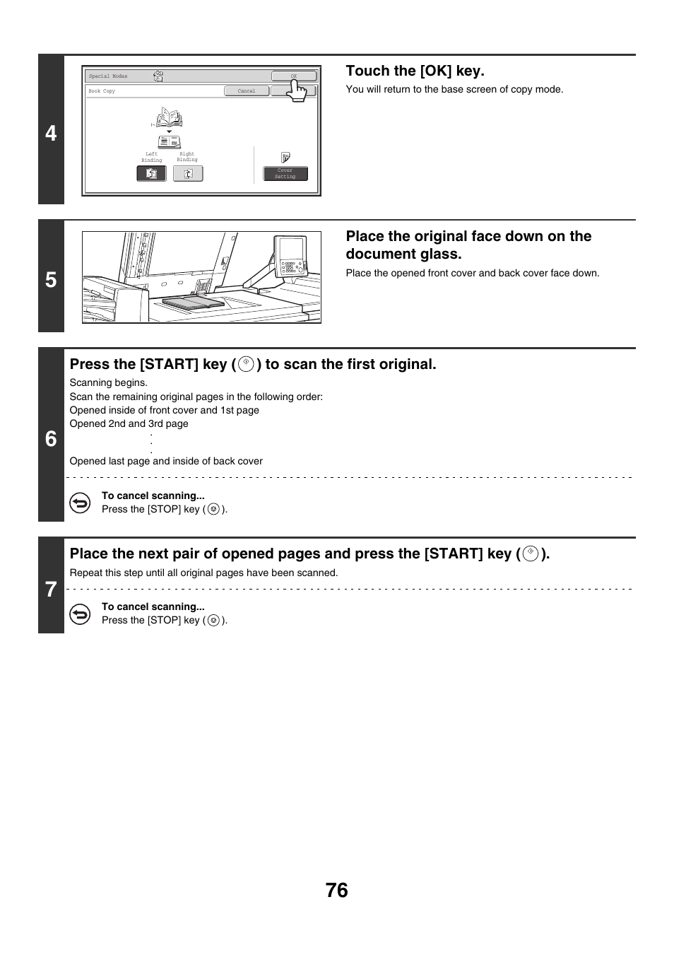 Touch the [ok] key, Place the original face down on the document glass | Sharp MX-M850 User Manual | Page 172 / 655