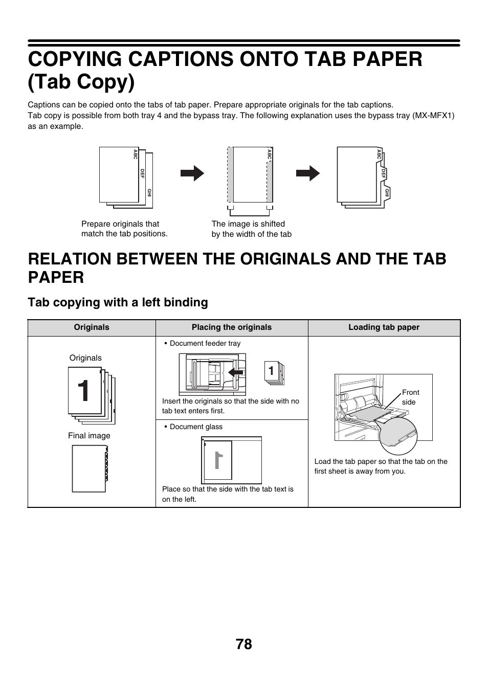 Copying captions onto tab paper (tab copy), Relation between the originals and, The tab paper | Tab copy, Relation between the originals and the tab paper, Tab copying with a left binding | Sharp MX-M850 User Manual | Page 174 / 655