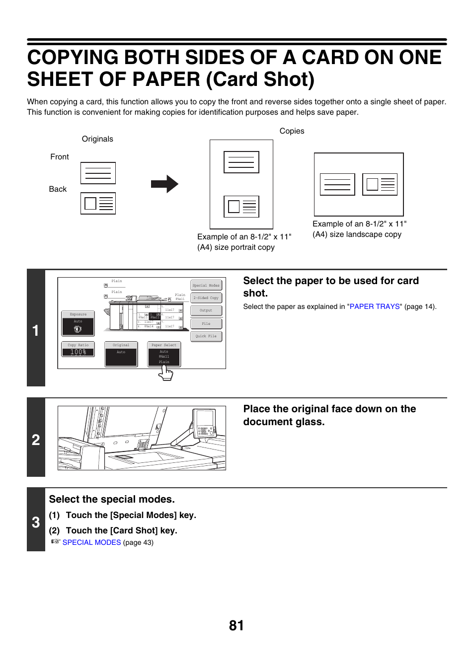 Card shot, Select the paper to be used for card shot, Place the original face down on the document glass | Select the special modes | Sharp MX-M850 User Manual | Page 177 / 655