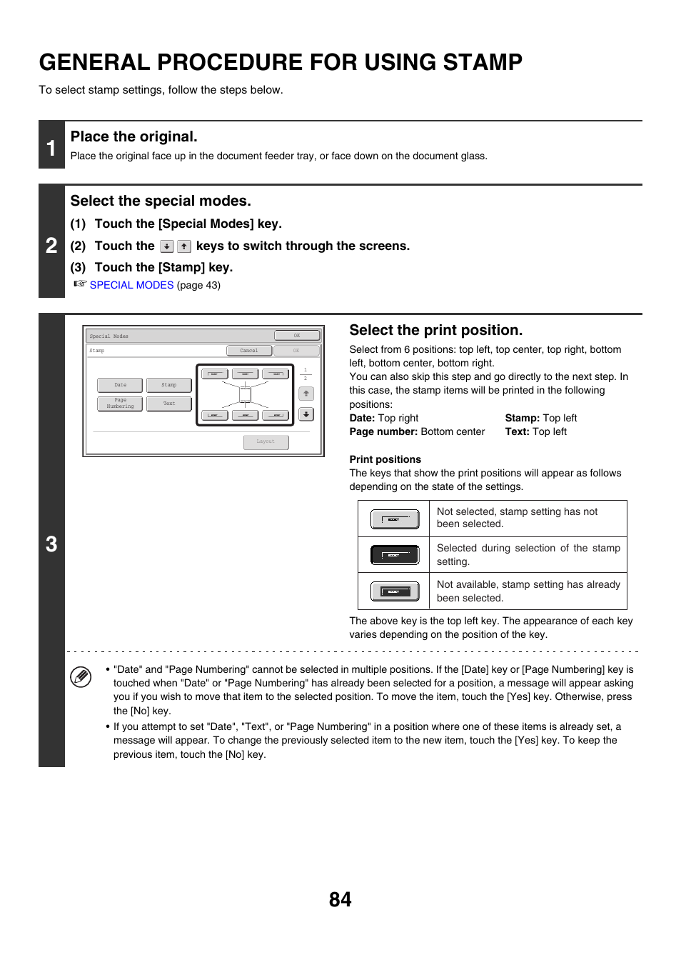 General procedure for using, Stamp, General procedure for using stamp | Place the original, Select the special modes, Select the print position | Sharp MX-M850 User Manual | Page 180 / 655