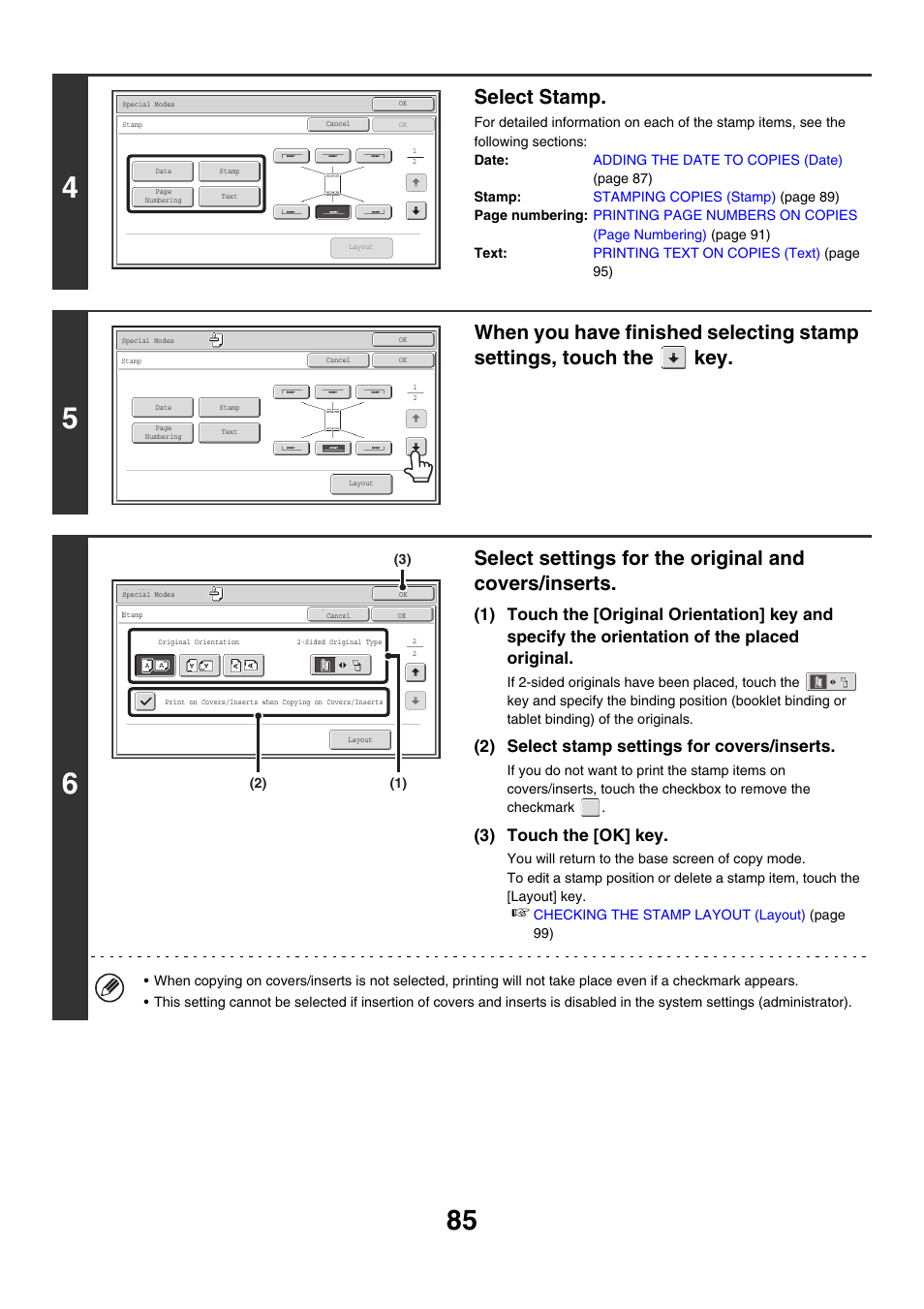 Select stamp, 2) select stamp settings for covers/inserts, 3) touch the [ok] key | Sharp MX-M850 User Manual | Page 181 / 655