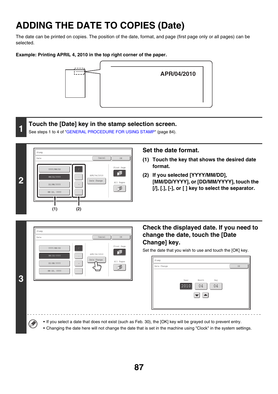Adding the date to copies (date), E 87, Touch the [date] key in the stamp selection screen | Set the date format | Sharp MX-M850 User Manual | Page 183 / 655