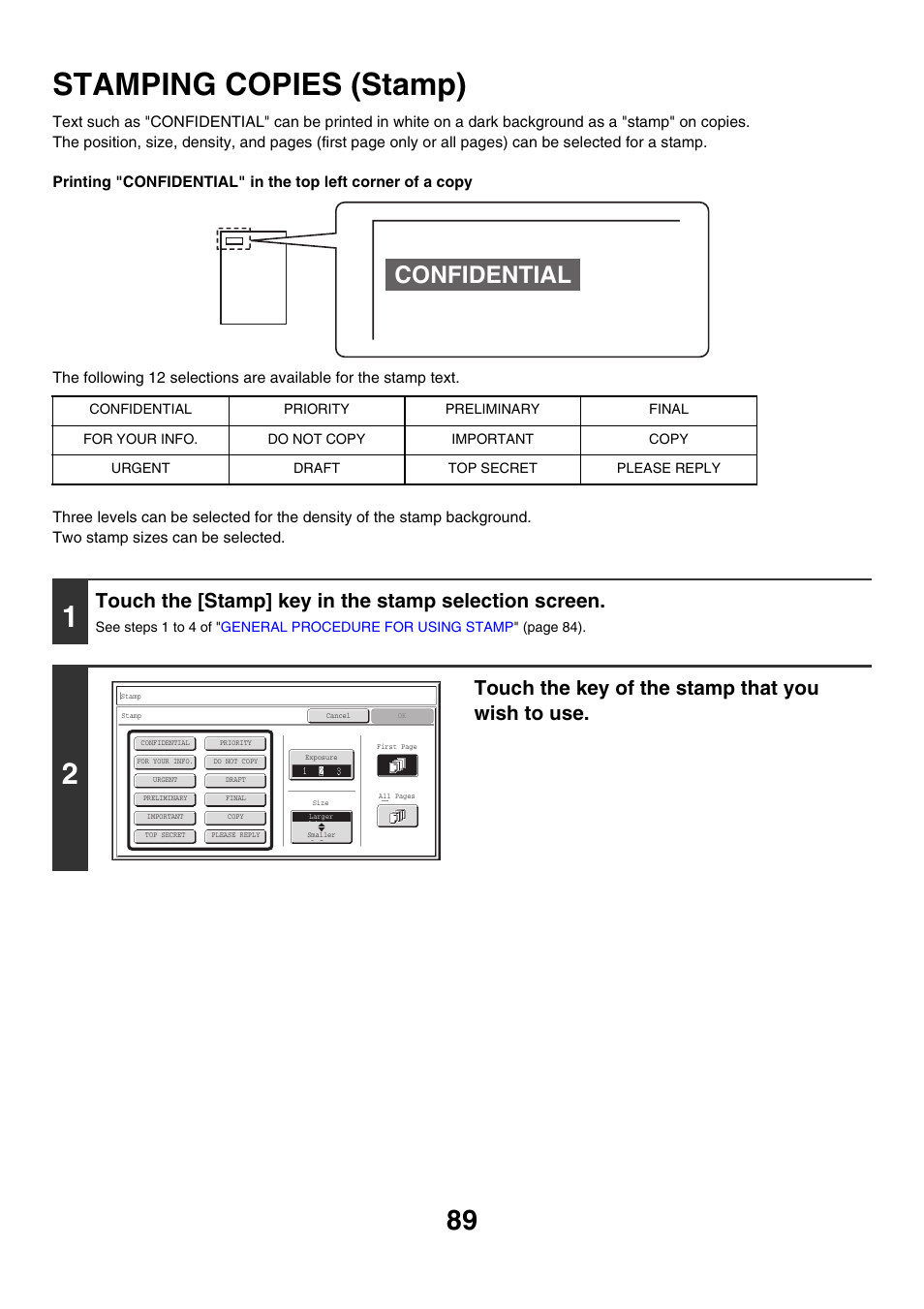 Stamping copies (stamp), E 89), Confidential | Touch the key of the stamp that you wish to use | Sharp MX-M850 User Manual | Page 185 / 655