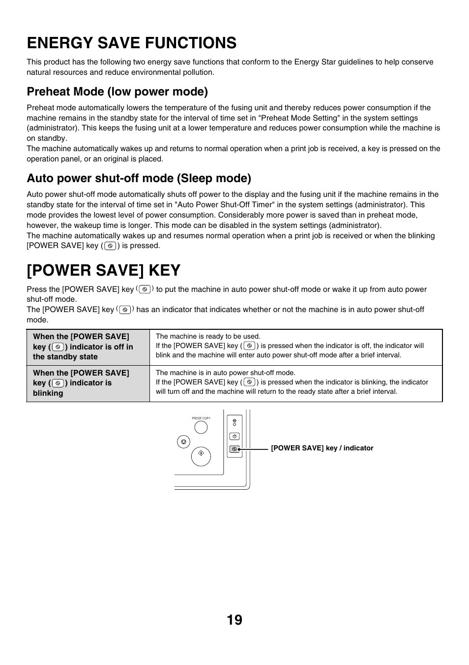 Energy save functions, Power save] key, Preheat mode (low power mode) | Auto power shut-off mode (sleep mode) | Sharp MX-M850 User Manual | Page 19 / 655