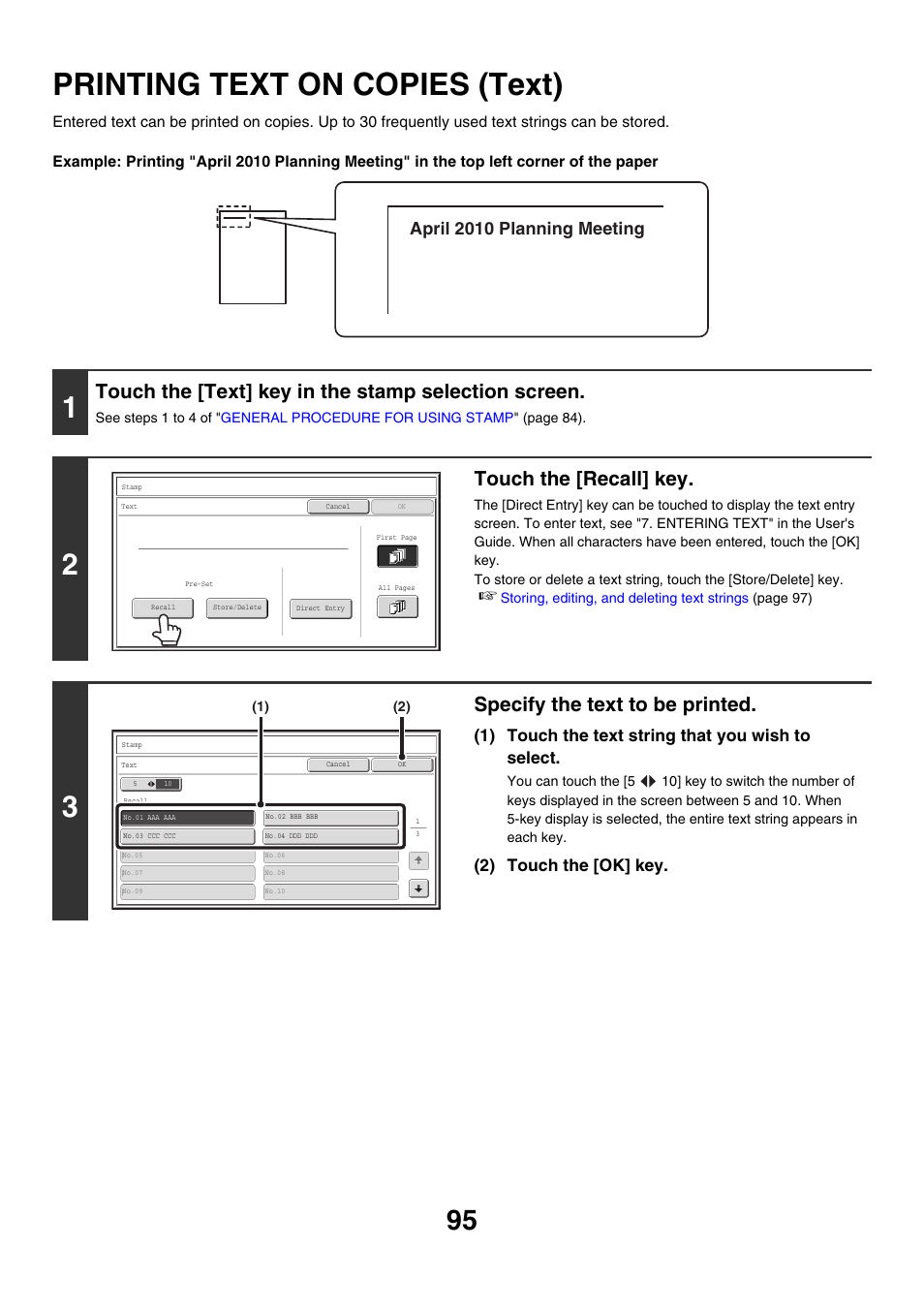 Printing text on copies (text), Touch the [text] key in the stamp selection screen, Touch the [recall] key | Specify the text to be printed, April 2010 planning meeting, 1) touch the text string that you wish to select, 2) touch the [ok] key | Sharp MX-M850 User Manual | Page 191 / 655