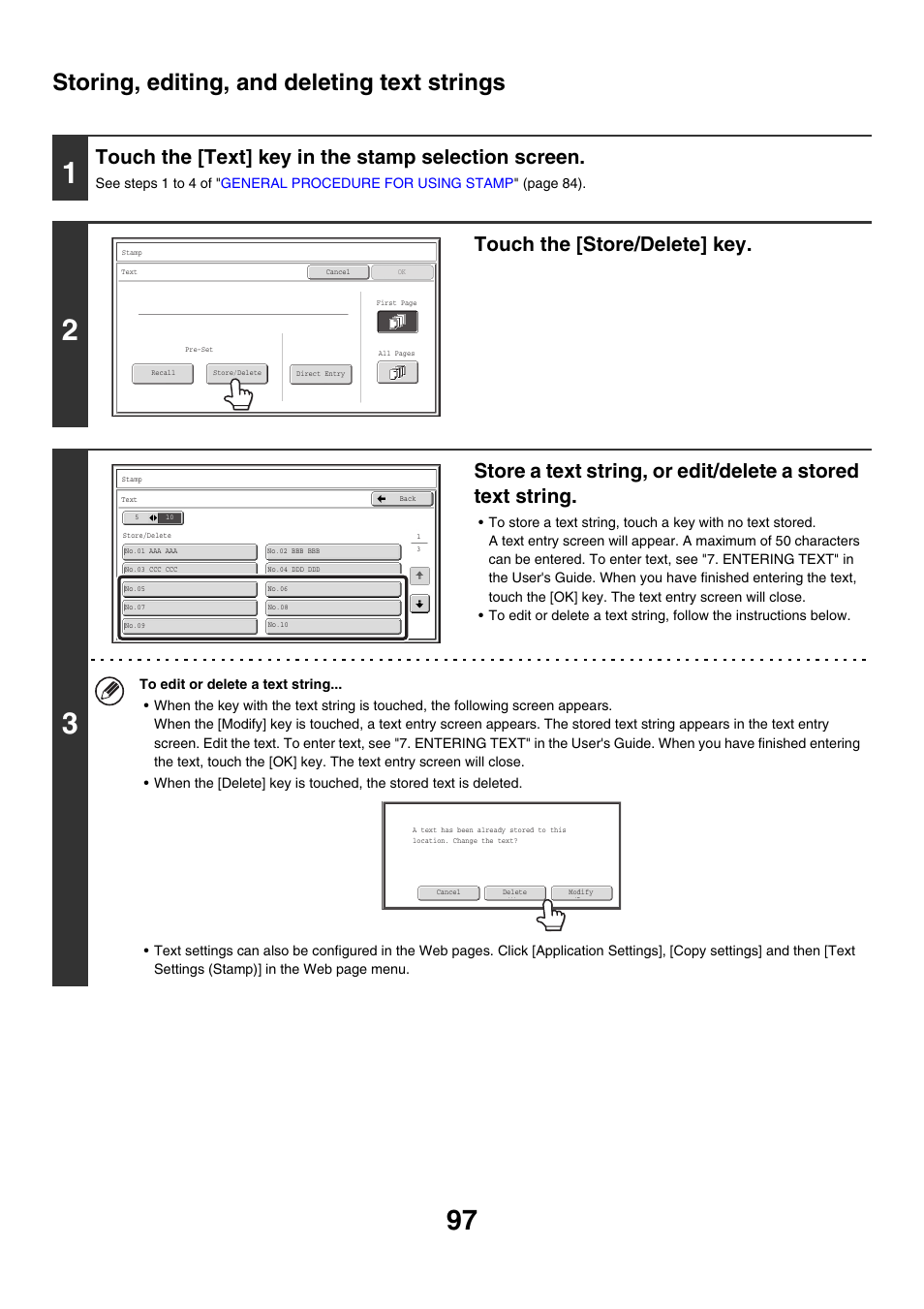 Storing, editing, and deleting text strings, Touch the [text] key in the stamp selection screen, Touch the [store/delete] key | Sharp MX-M850 User Manual | Page 193 / 655