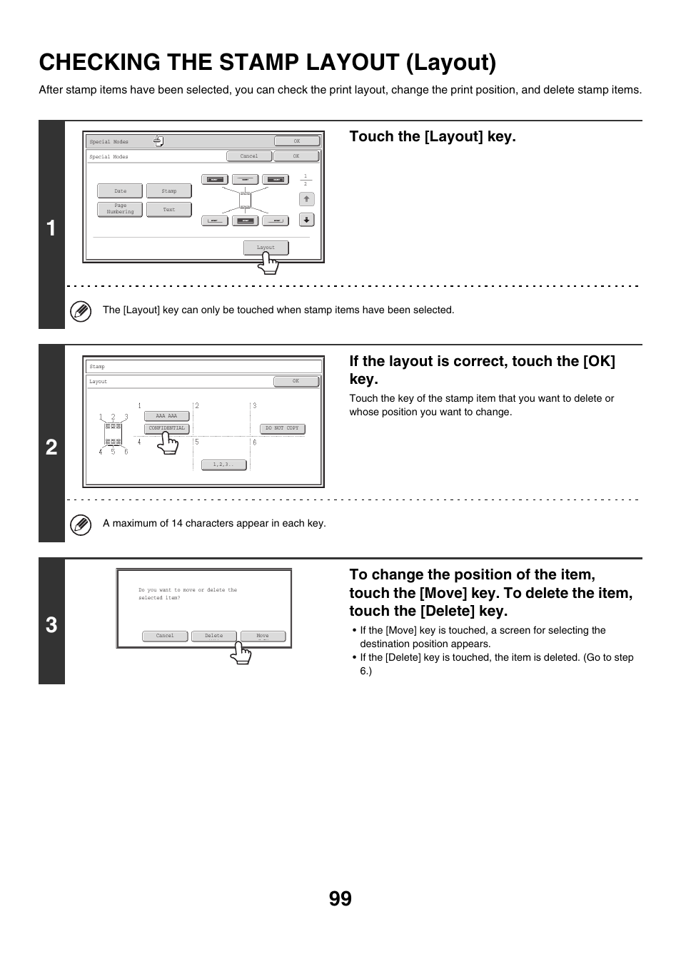 Checking the stamp layout (layout), Touch the [layout] key, If the layout is correct, touch the [ok] key | Sharp MX-M850 User Manual | Page 195 / 655