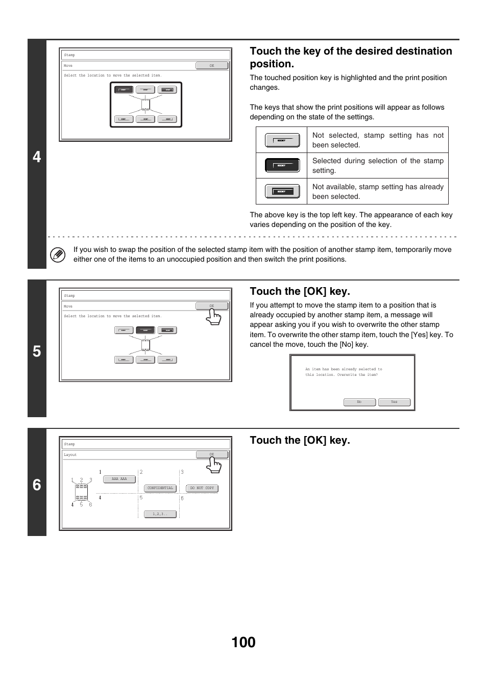 Touch the key of the desired destination position, Touch the [ok] key | Sharp MX-M850 User Manual | Page 196 / 655