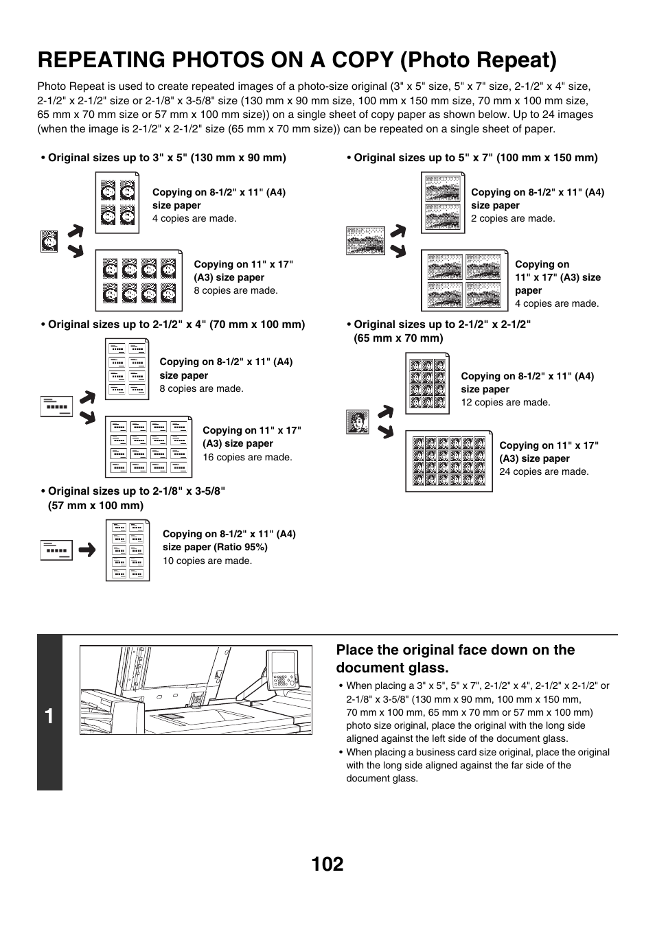 Repeating photos on a copy (photo, Repeat), Photo repeat | Repeating photos on a copy (photo repeat), Place the original face down on the document glass | Sharp MX-M850 User Manual | Page 198 / 655