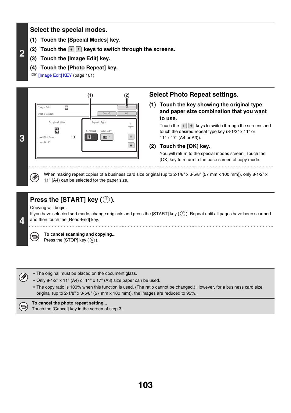 Select the special modes, Select photo repeat settings, Press the [start] key ( ) | Sharp MX-M850 User Manual | Page 199 / 655