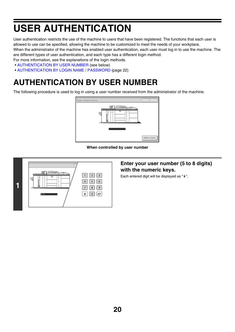 User authentication, Authentication by user number | Sharp MX-M850 User Manual | Page 20 / 655