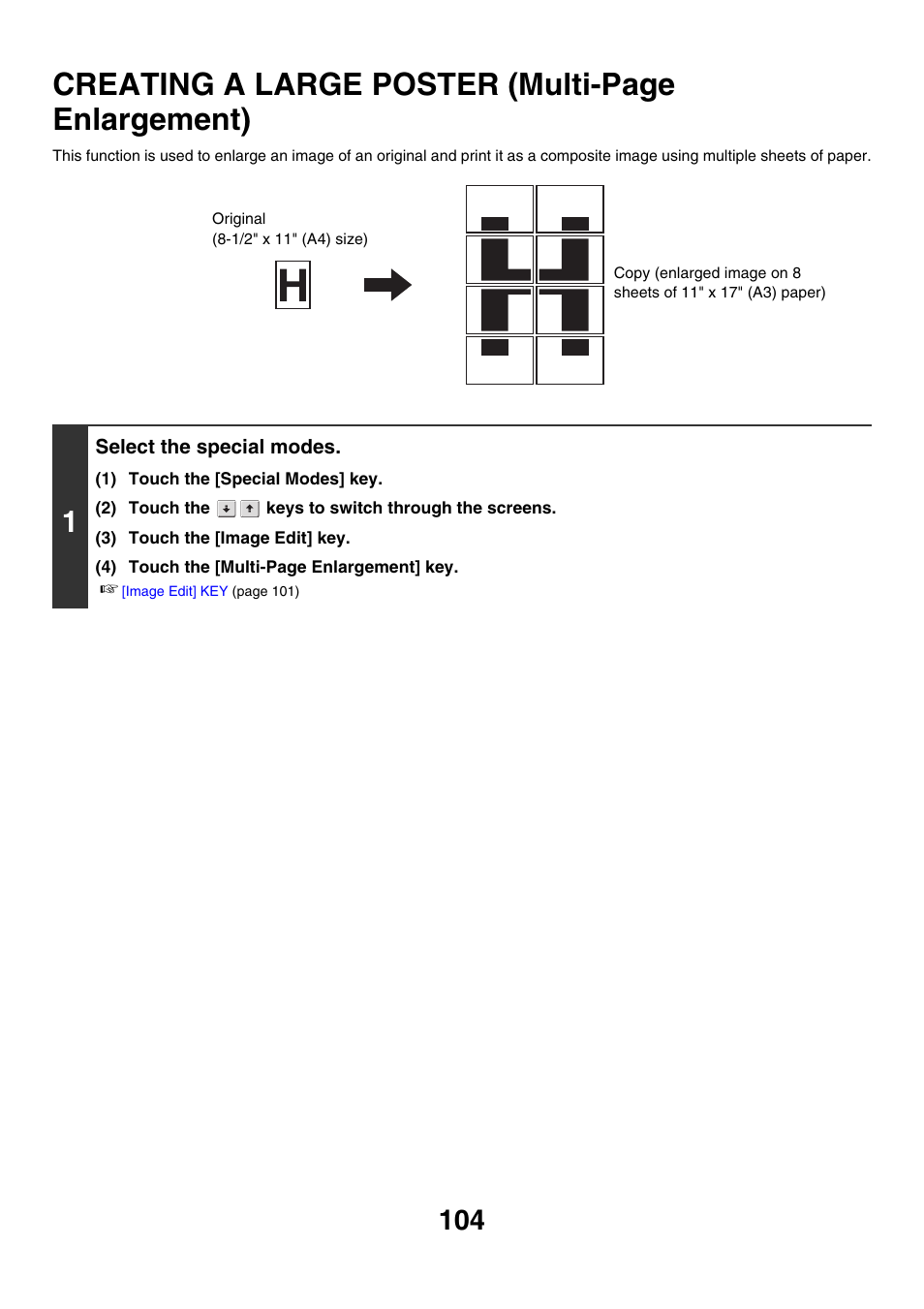 Enlargement), E 104), Enlargement | Creating a large poster (multi-page enlargement) | Sharp MX-M850 User Manual | Page 200 / 655