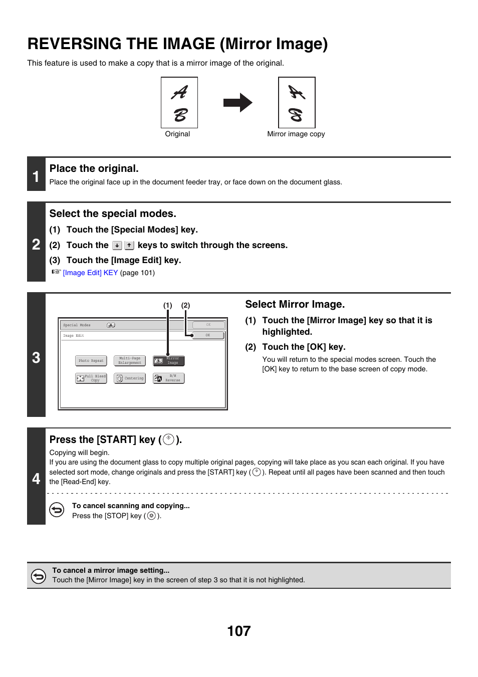 Reversing the image (mirror image), E 107), Mirror | Image, Place the original, Select the special modes, Select mirror image, Press the [start] key ( ) | Sharp MX-M850 User Manual | Page 203 / 655