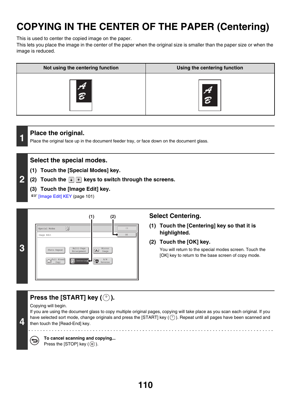 Copying in the center of the paper, Centering), Centering | Copying in the center of the paper (centering), Place the original, Select the special modes, Select centering, Press the [start] key ( ) | Sharp MX-M850 User Manual | Page 206 / 655