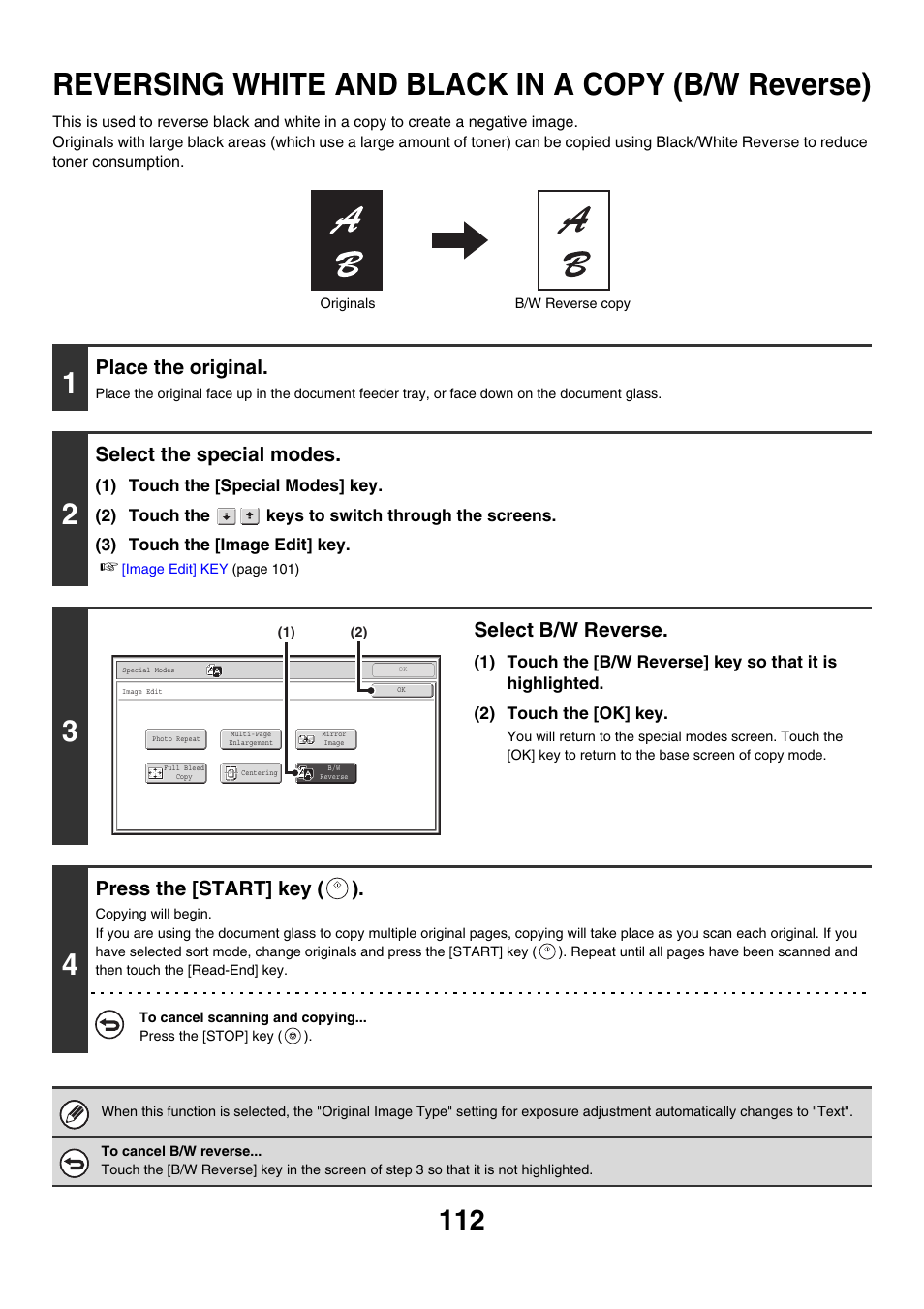 Reversing white and black in a copy, B/w reverse), Reverse | Reversing white and black in a copy (b/w reverse), Place the original, Select the special modes, Select b/w reverse, Press the [start] key ( ) | Sharp MX-M850 User Manual | Page 208 / 655