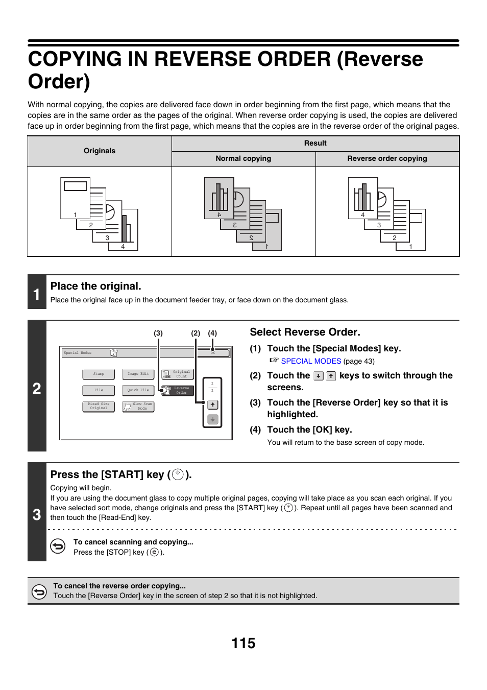 Copying in reverse order (reverse order). 115, Reverse, Order | Copying in reverse order (reverse order), Place the original, Select reverse order, Press the [start] key ( ) | Sharp MX-M850 User Manual | Page 211 / 655