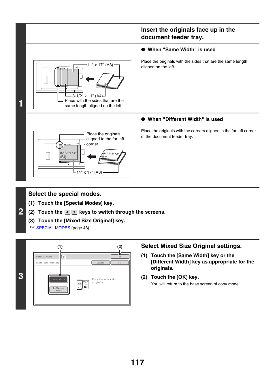 Select the special modes, Select mixed size original settings | Sharp MX-M850 User Manual | Page 213 / 655