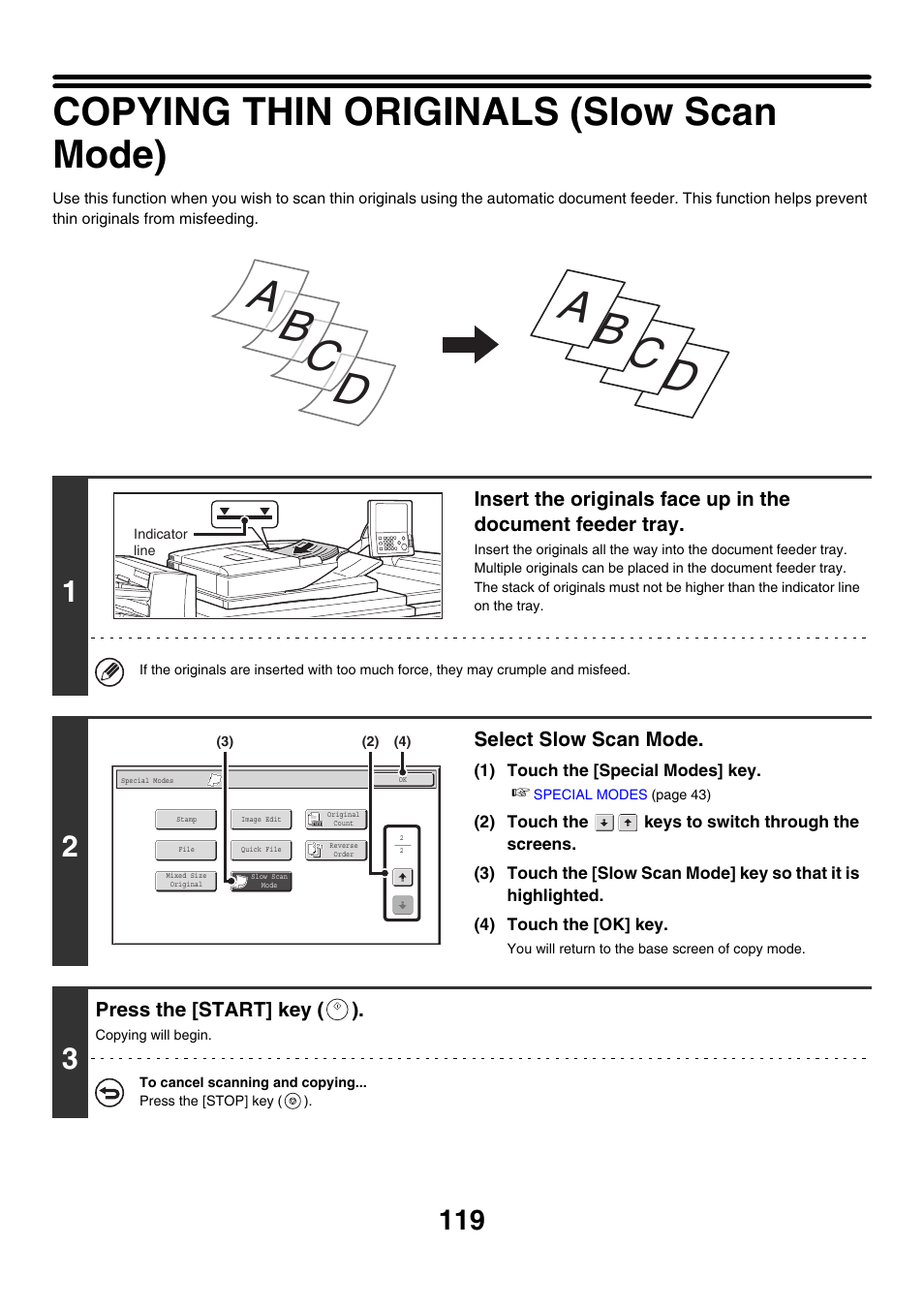 Copying thin originals (slow scan mode), Slow scan, Mode | Sharp MX-M850 User Manual | Page 215 / 655