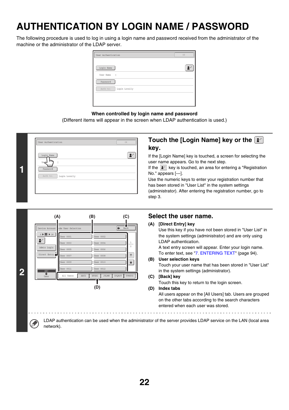 Authentication by login name, Password, Authentication by login name / password | Touch the [login name] key or the key, Select the user name | Sharp MX-M850 User Manual | Page 22 / 655