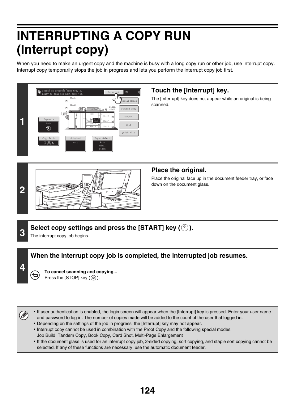 Interrupting a copy run (interrupt copy), Touch the [interrupt] key, Place the original | Select copy settings and press the [start] key ( ) | Sharp MX-M850 User Manual | Page 220 / 655