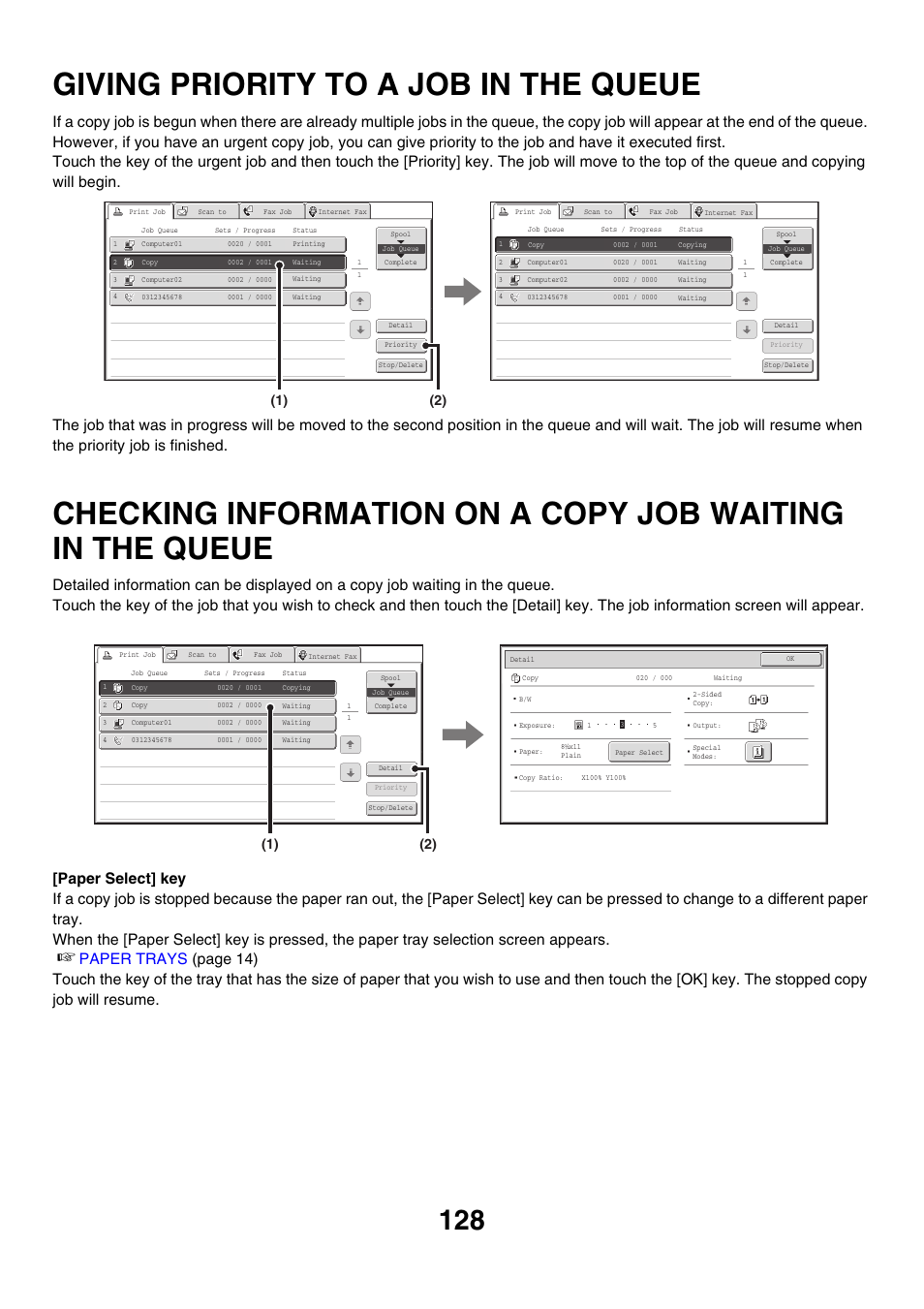 Giving priority to a job in the queue . 128, Checking information on a copy job, Waiting in the queue | Giving priority to a job in the queue | Sharp MX-M850 User Manual | Page 224 / 655