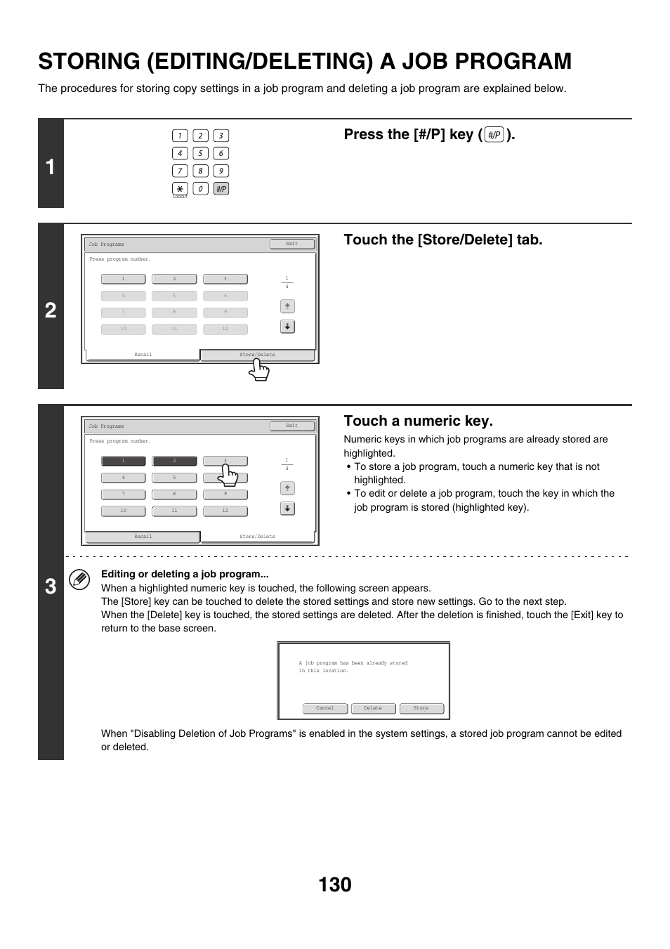 Storing (editing/deleting) a job, Program, Storing (editing/deleting) a job program | Press the [#/p] key ( ), Touch the [store/delete] tab, Touch a numeric key | Sharp MX-M850 User Manual | Page 226 / 655