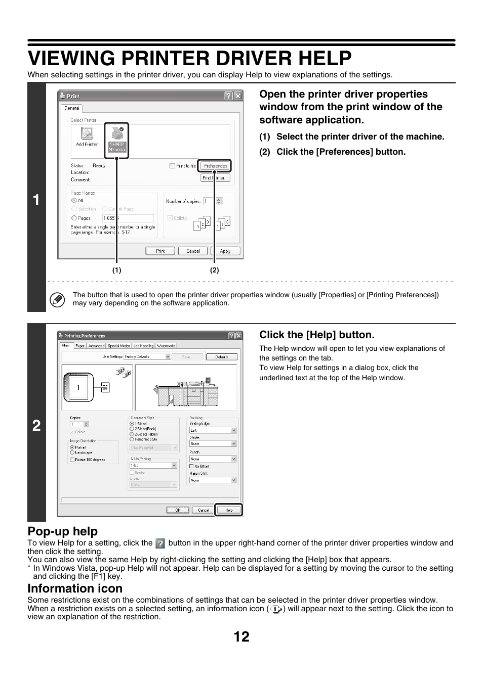 Viewing printer driver help, Pop-up help, Information icon | Sharp MX-M850 User Manual | Page 249 / 655