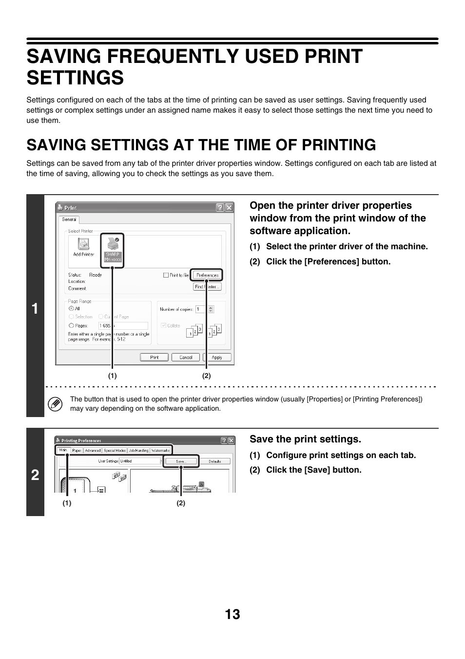 Saving frequently used print settings, Saving settings at the time of, Printing | Saving settings at the time of printing | Sharp MX-M850 User Manual | Page 250 / 655