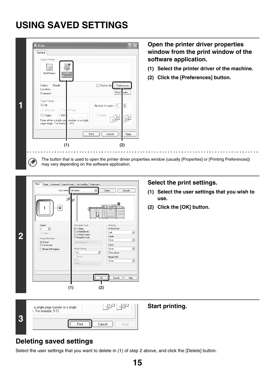 Using saved settings, Deleting saved settings | Sharp MX-M850 User Manual | Page 252 / 655