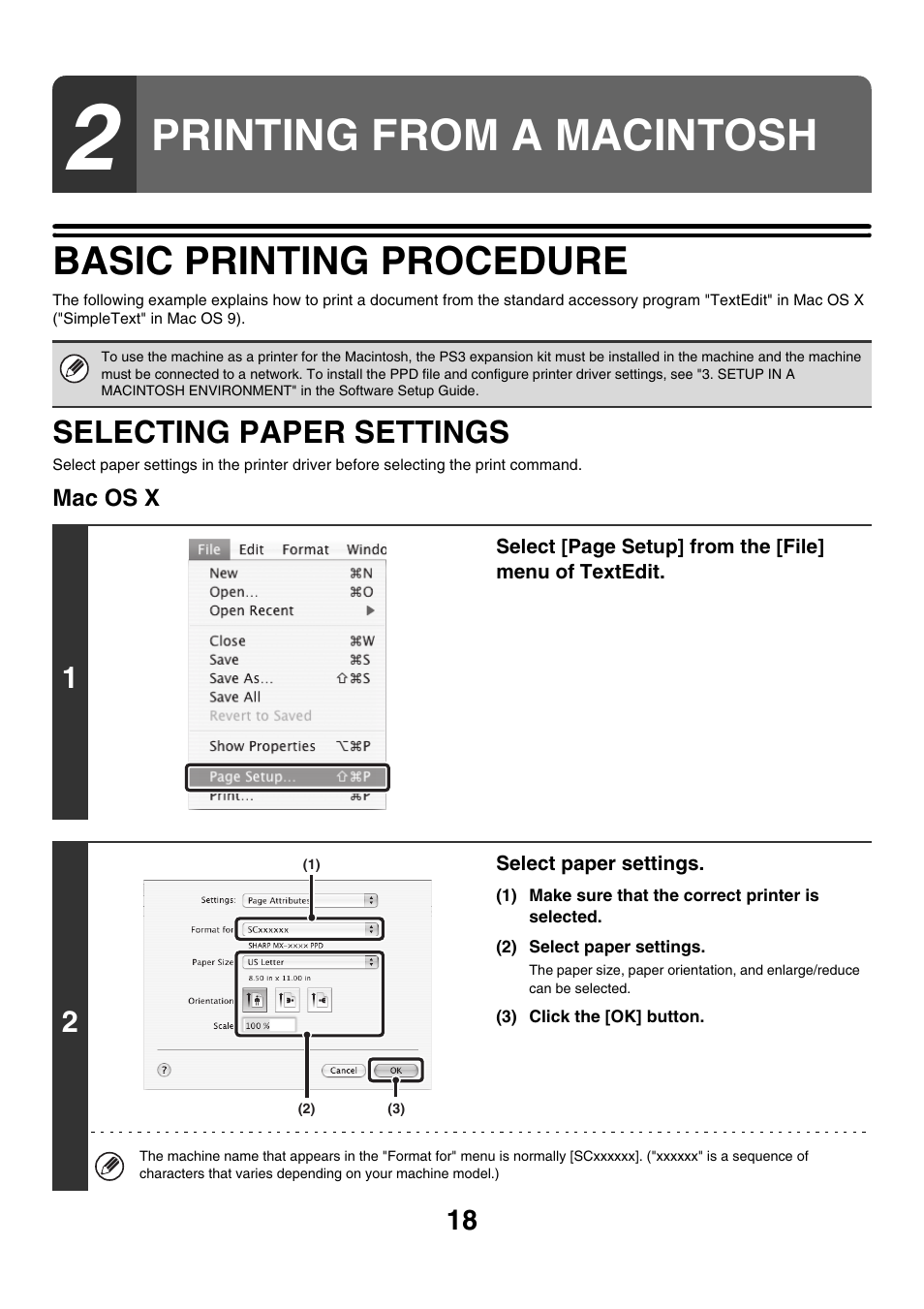 Printing from a macintosh, Basic printing procedure, Selecting paper settings | Sharp MX-M850 User Manual | Page 255 / 655