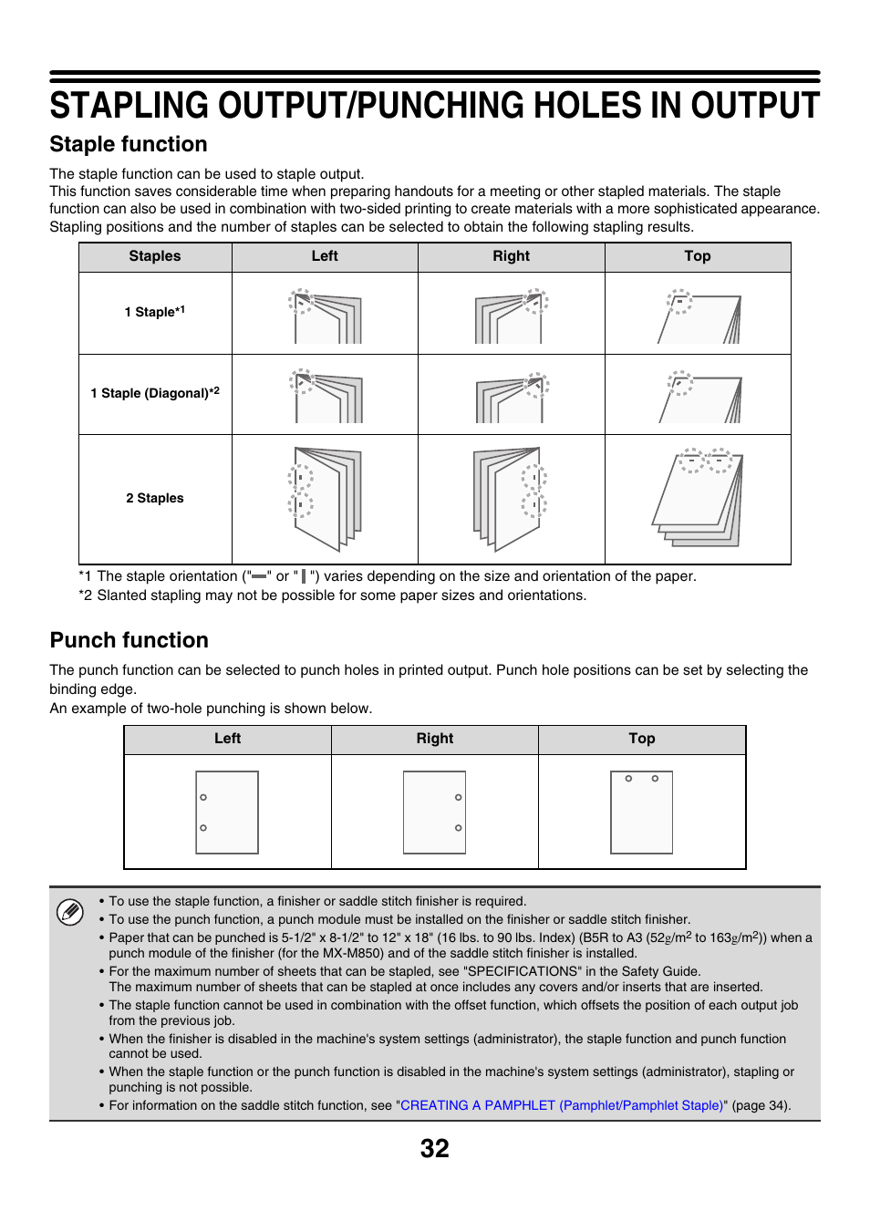 Stapling output/punching holes in output, Staple function, Punch function | Sharp MX-M850 User Manual | Page 269 / 655