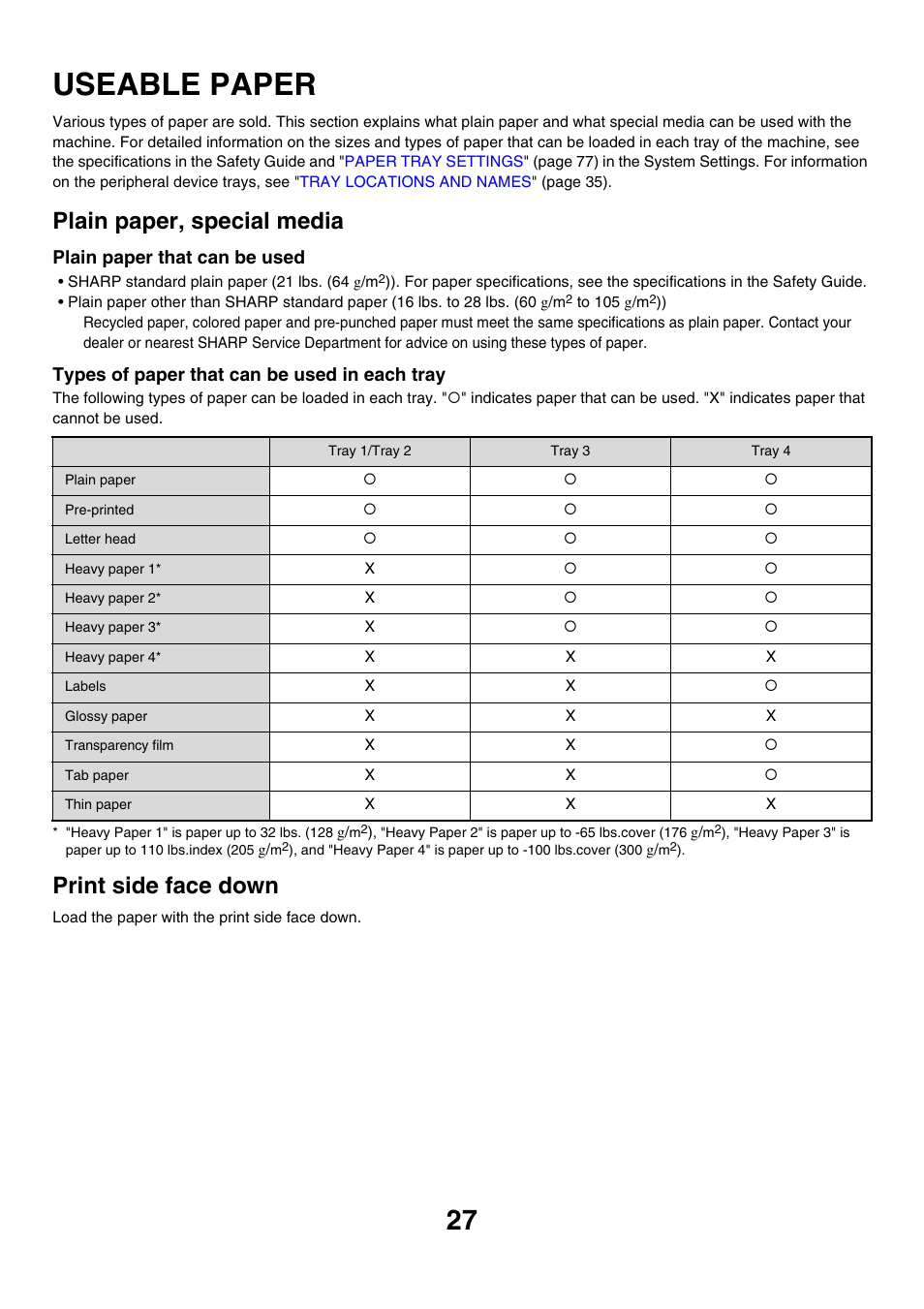 Useable paper, Plain paper, special media, Print side face down | Plain paper that can be used, Types of paper that can be used in each tray | Sharp MX-M850 User Manual | Page 27 / 655