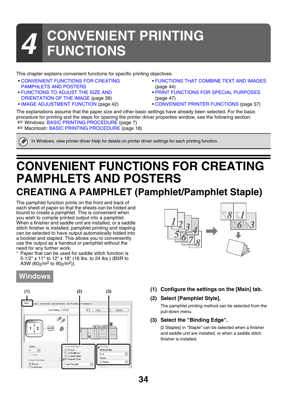 Convenient printing functions, Creating a pamphlet, Pamphlet/pamphlet staple) | Creating a pamphlet (pamphlet/pamphlet staple), Windows | Sharp MX-M850 User Manual | Page 271 / 655