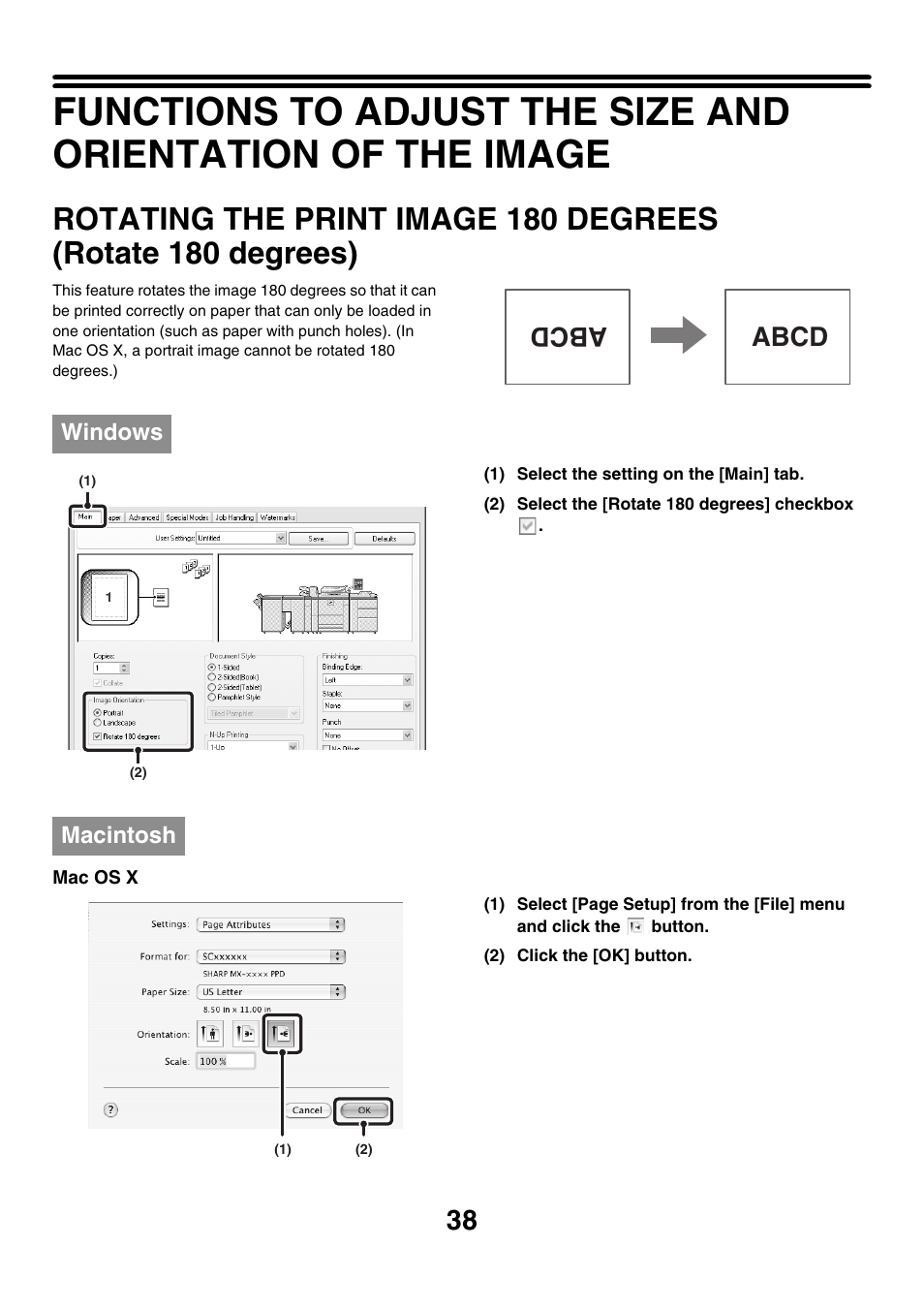 Rotating the print image 180, Degrees (rotate 180 degrees), Functions to adjust the size and | Orientation of the image, E 38), Abcd | Sharp MX-M850 User Manual | Page 275 / 655