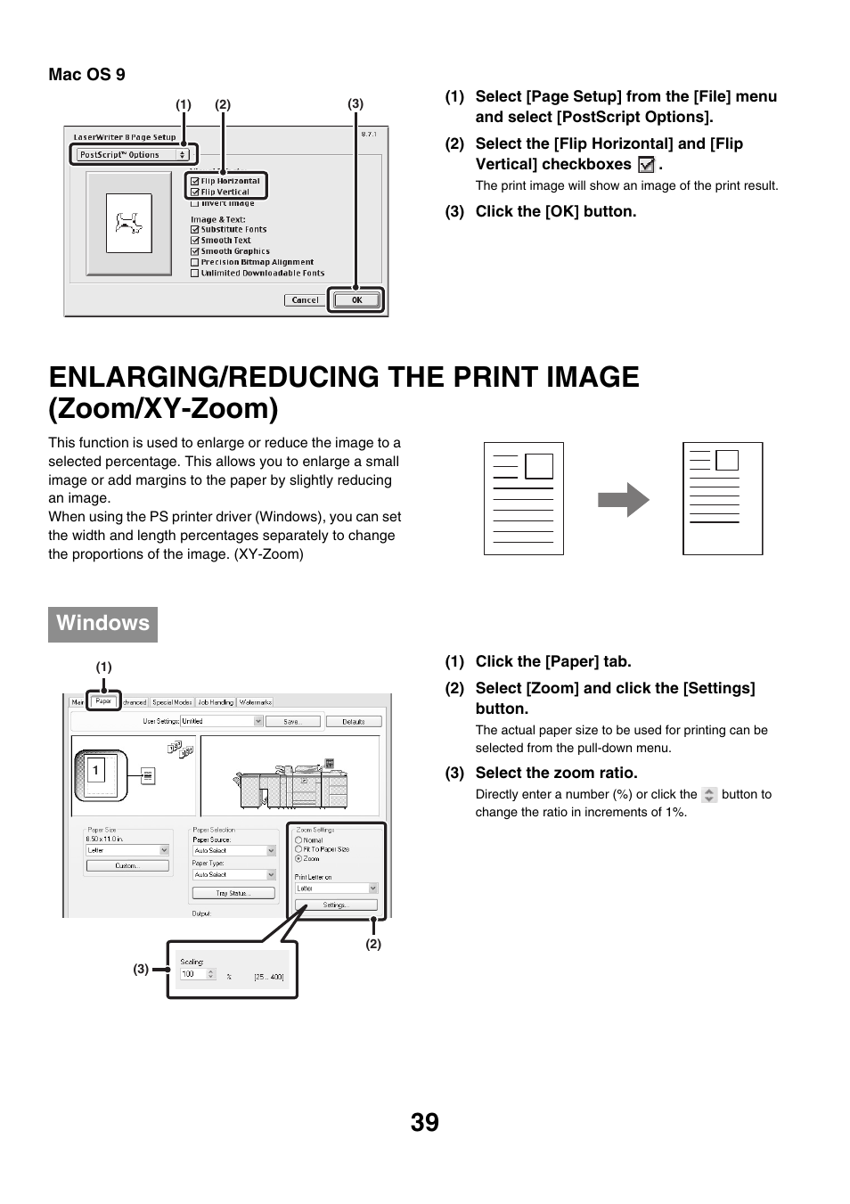 Enlarging/reducing the print image, Zoom/xy-zoom), Enlarging/reducing the print image (zoom/xy-zoom) | Windows | Sharp MX-M850 User Manual | Page 276 / 655