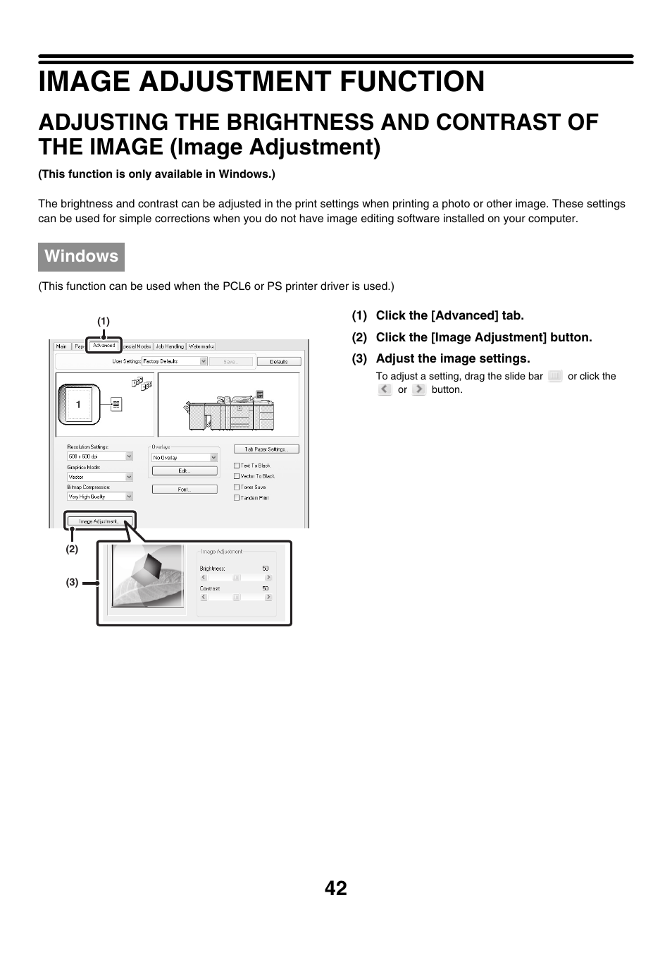 Image adjustment function, Adjusting the brightness and, Contrast of the image (image adjustment) | Windows | Sharp MX-M850 User Manual | Page 279 / 655