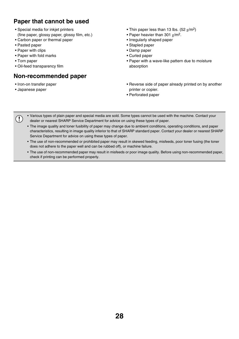 Paper that cannot be used, Non-recommended paper | Sharp MX-M850 User Manual | Page 28 / 655