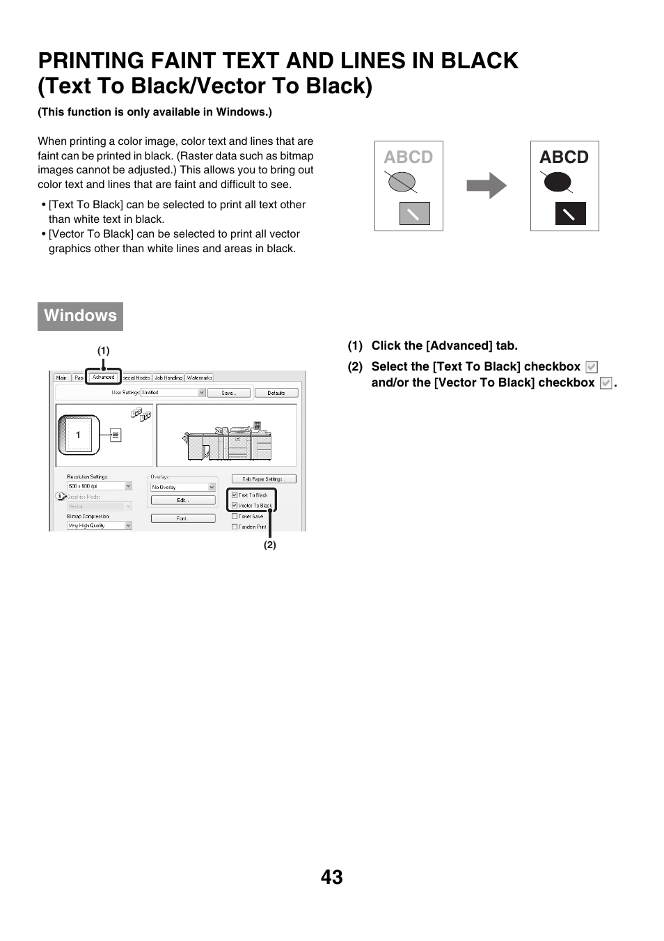 Printing faint text and lines in, Black (text to black/vector to black), Abcd | Abcd windows | Sharp MX-M850 User Manual | Page 280 / 655