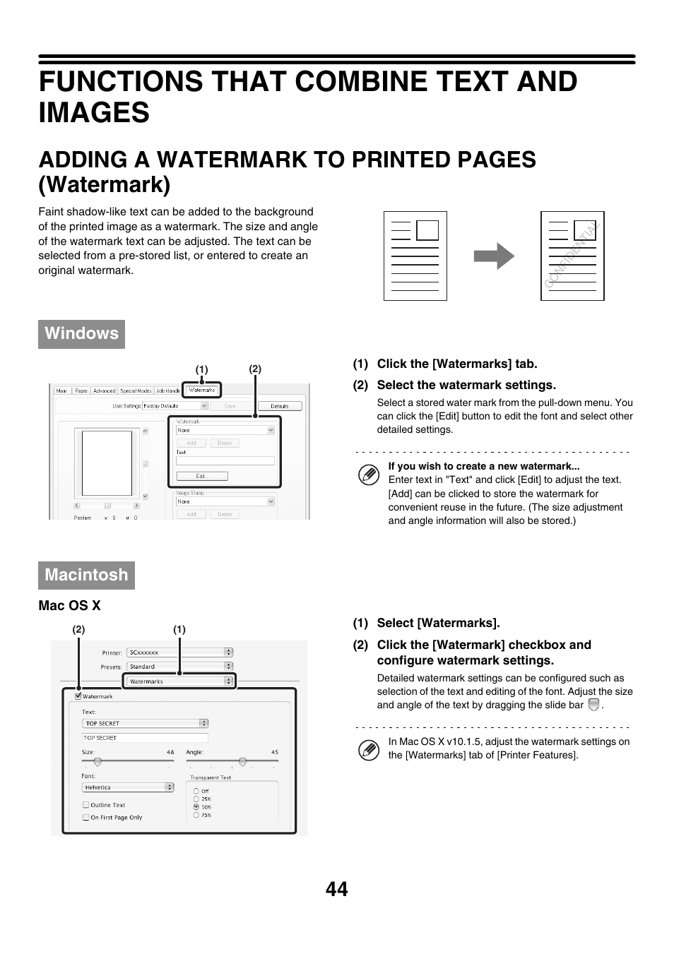 Functions that combine text and images, Adding a watermark to printed, E 44) | Adding a watermark to printed pages (watermark), Windows, Macintosh | Sharp MX-M850 User Manual | Page 281 / 655