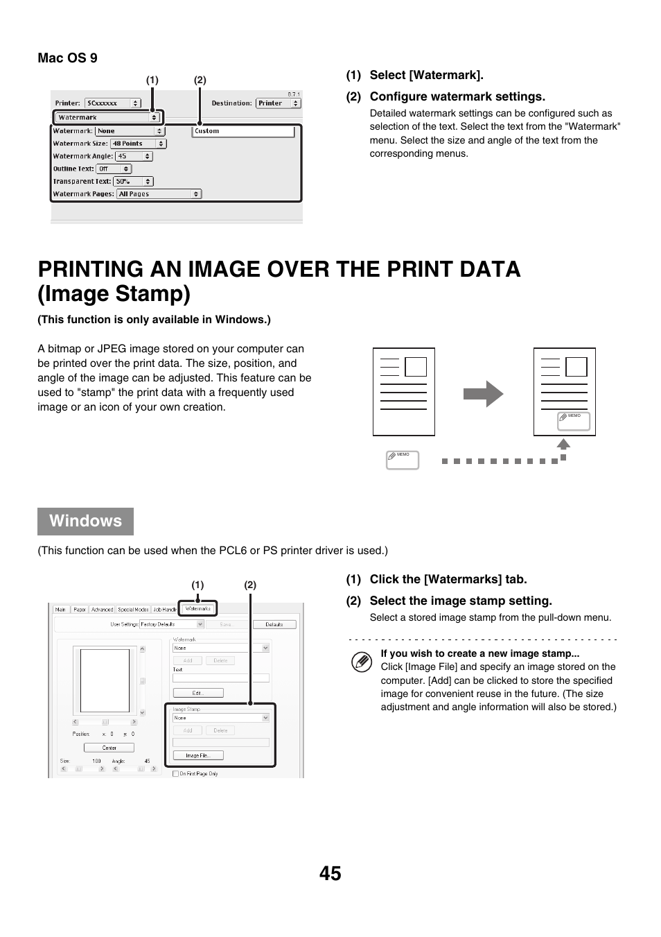 Printing an image over the print, Data (image stamp), Windows | Sharp MX-M850 User Manual | Page 282 / 655