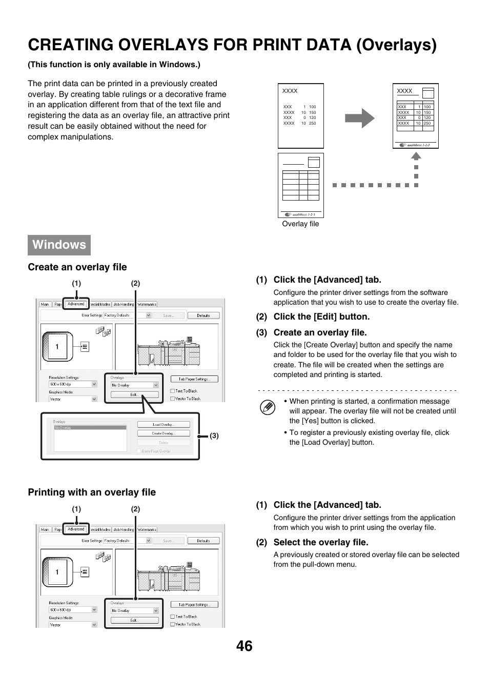 Creating overlays for print data, Overlays), Creating overlays for print data (overlays) | Windows, Create an overlay file, Printing with an overlay file, 1) click the [advanced] tab, 2) select the overlay file | Sharp MX-M850 User Manual | Page 283 / 655