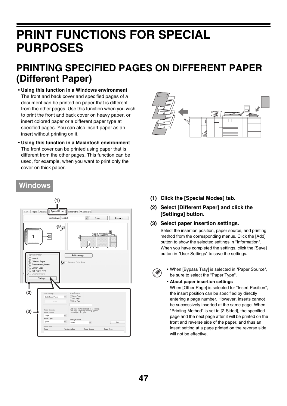 Print functions for special purposes, Different paper (different paper), E 47) | Windows | Sharp MX-M850 User Manual | Page 284 / 655