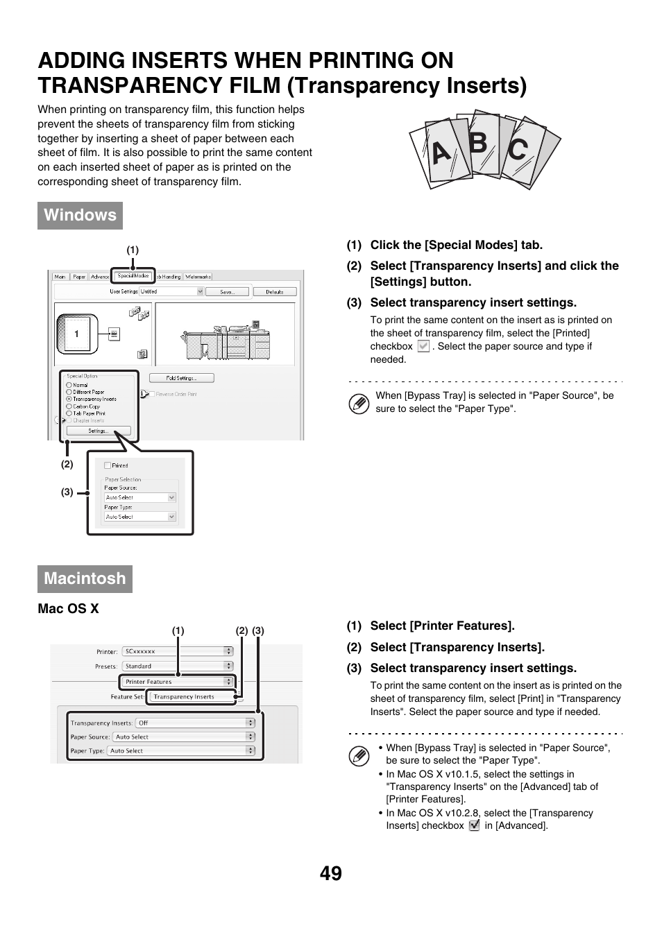 Adding inserts when printing on, Transparency film (transparency inserts), Cb a | Windows, Macintosh | Sharp MX-M850 User Manual | Page 286 / 655