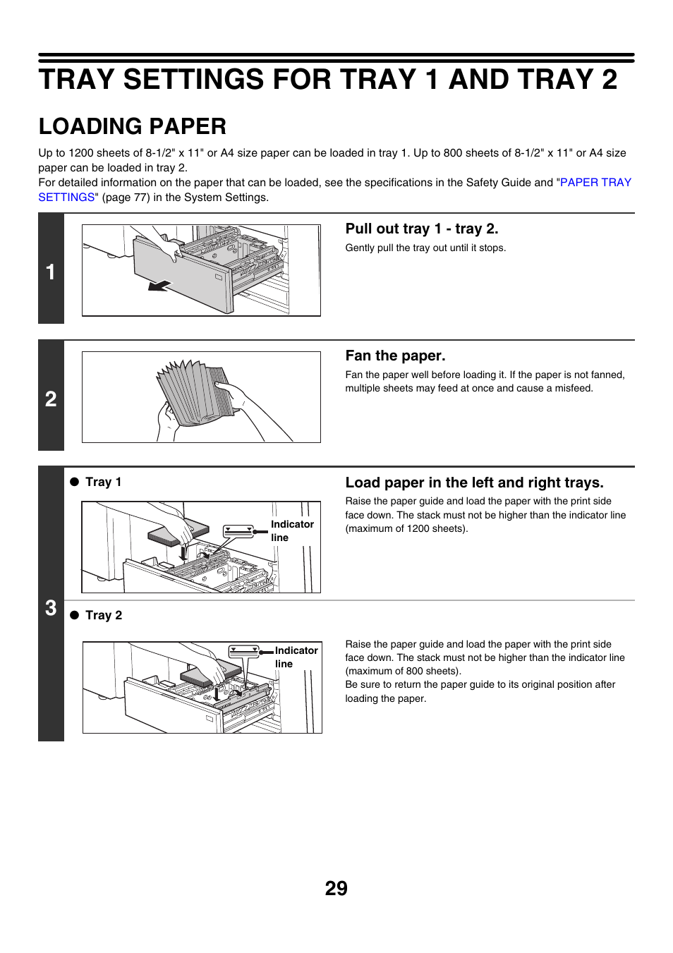 Tray settings for tray 1 and tray 2, Loading paper | Sharp MX-M850 User Manual | Page 29 / 655