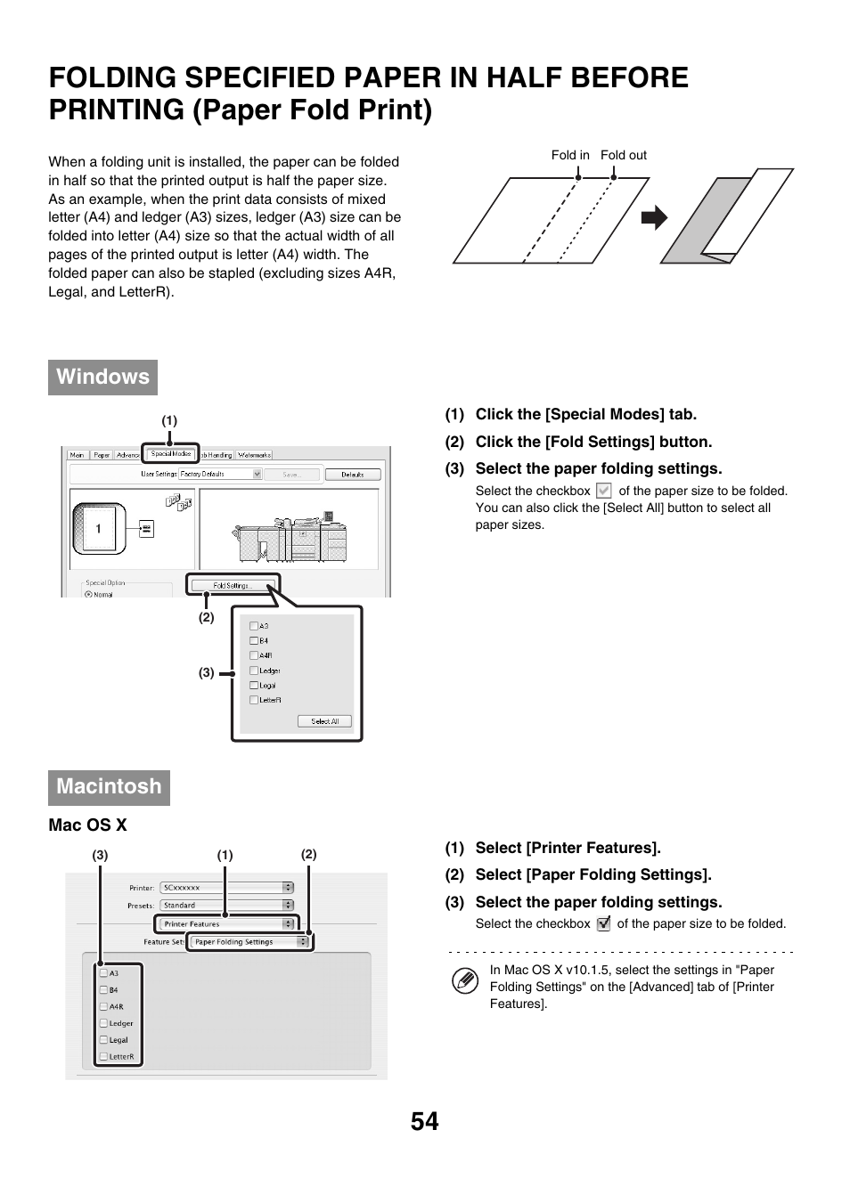 Folding specified paper in half, Before printing (paper fold print), Windows | Macintosh | Sharp MX-M850 User Manual | Page 291 / 655