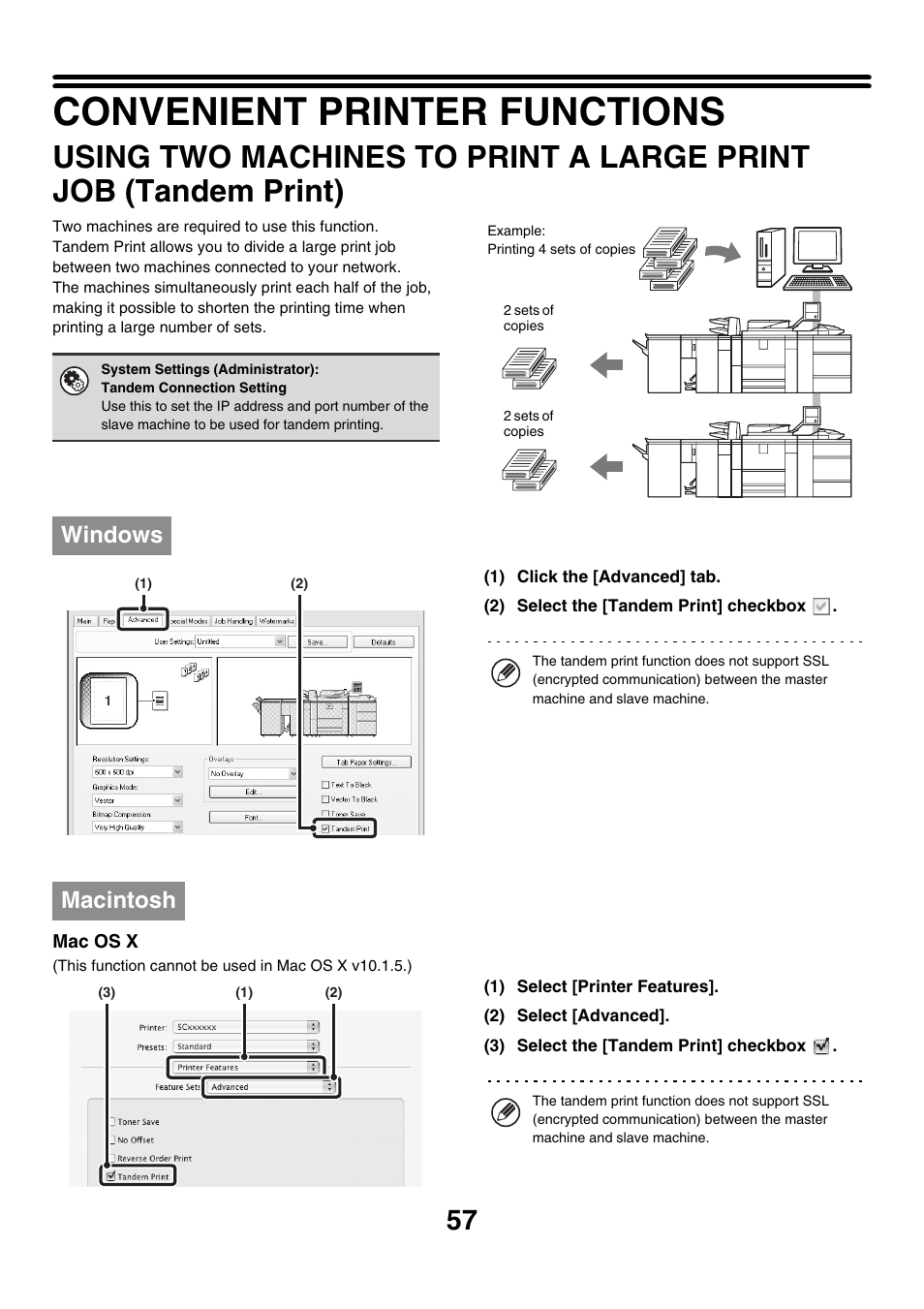 Convenient printer functions, Using two machines to print a large, Print job (tandem print) | E 57), Windows, Macintosh | Sharp MX-M850 User Manual | Page 294 / 655