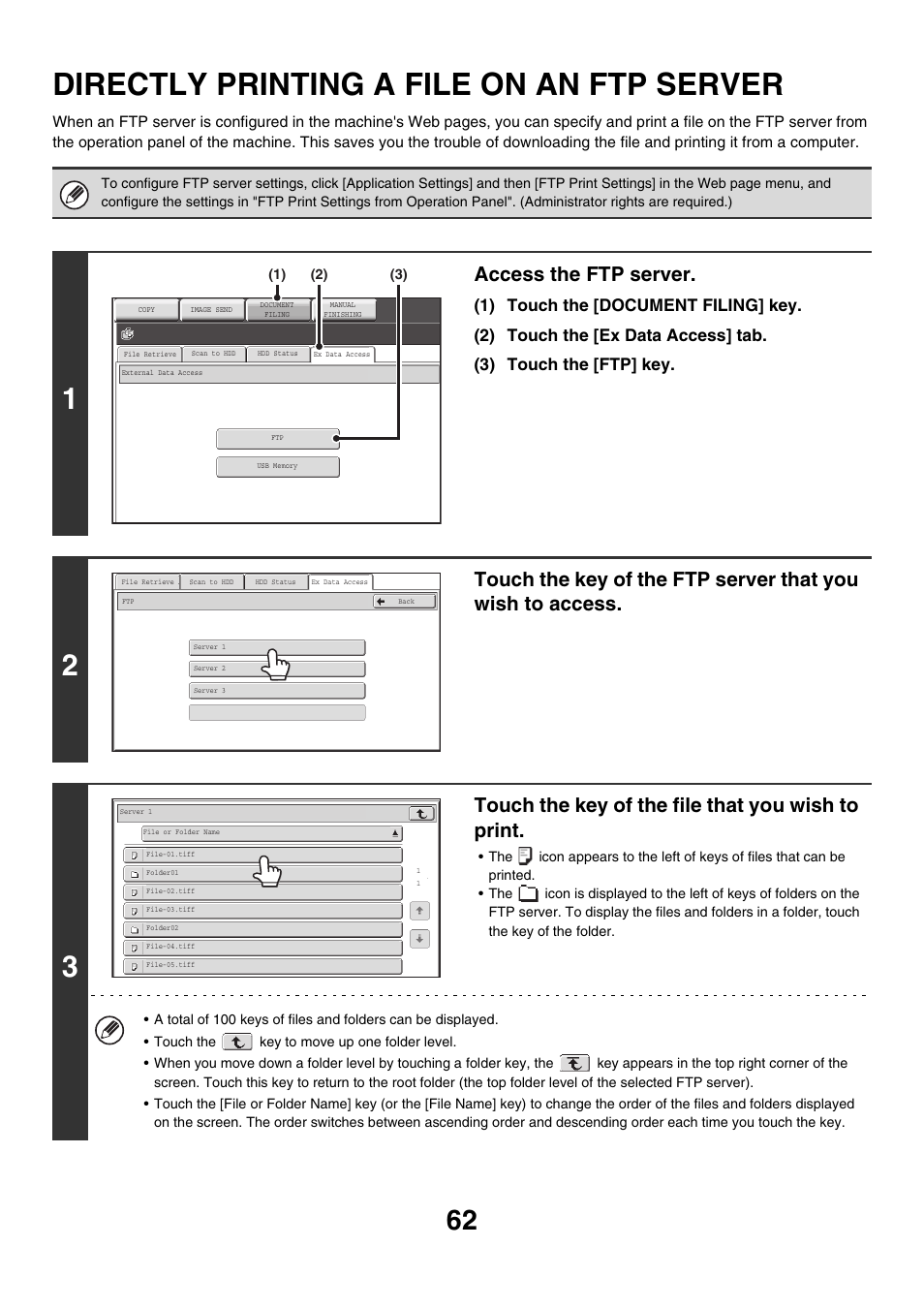 Directly printing a file on an ftp, Server, Directly printing a file on an ftp server | Access the ftp server, Touch the key of the file that you wish to print | Sharp MX-M850 User Manual | Page 299 / 655