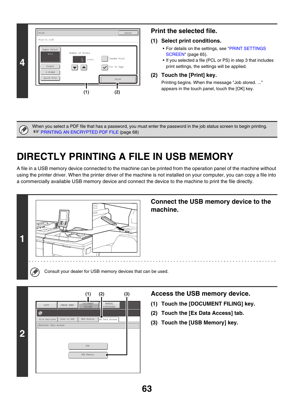 Directly printing a file in usb memory, Print the selected file, 1) select print conditions | 2) touch the [print] key | Sharp MX-M850 User Manual | Page 300 / 655